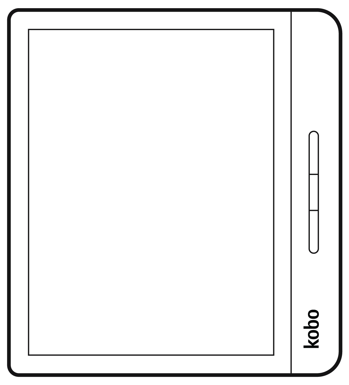 En illustration af en Kobo e-læser med sidevendingsknapper.