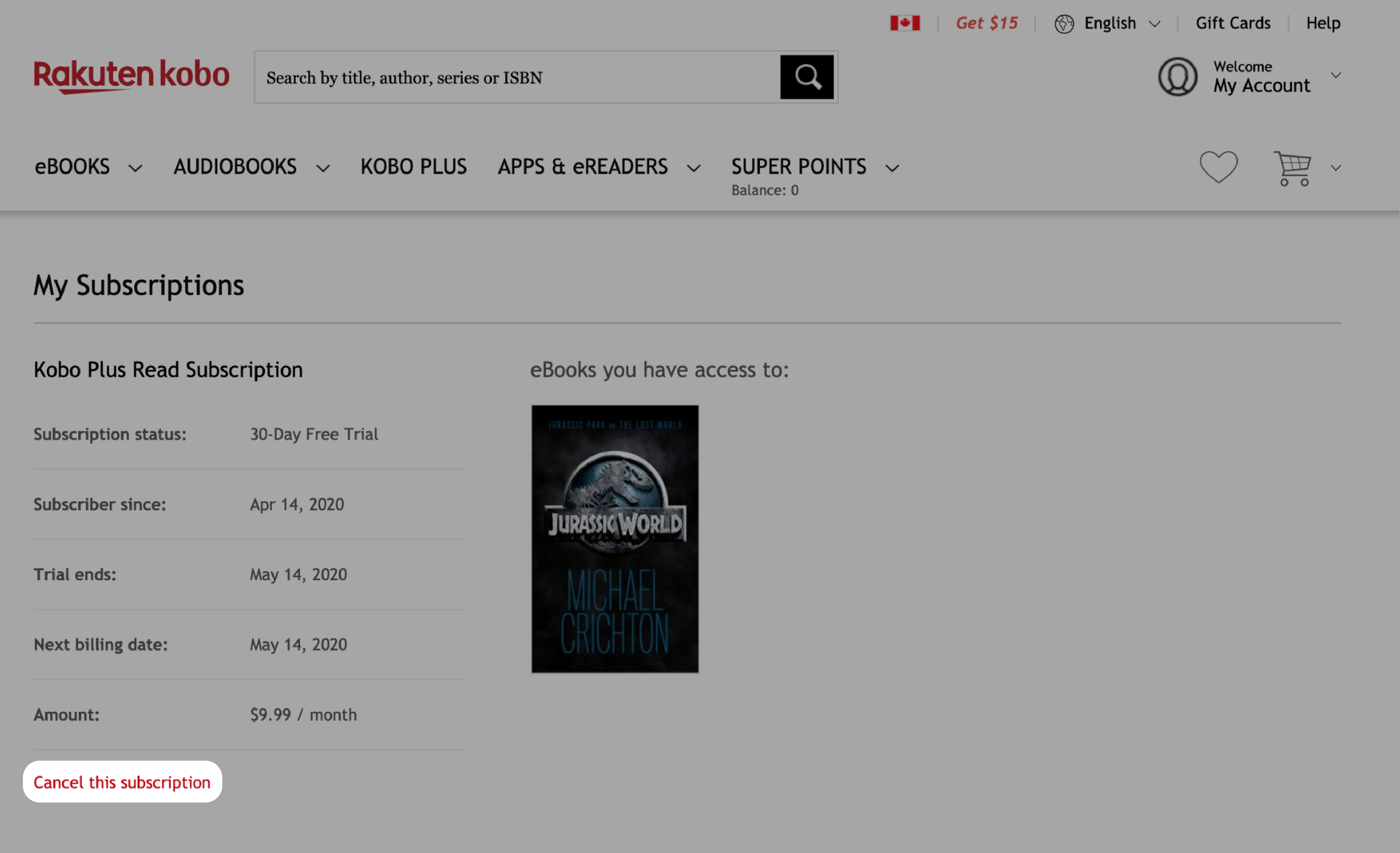Kobo.com My Subscriptions menu with the Cancel this subscription button highlighted.