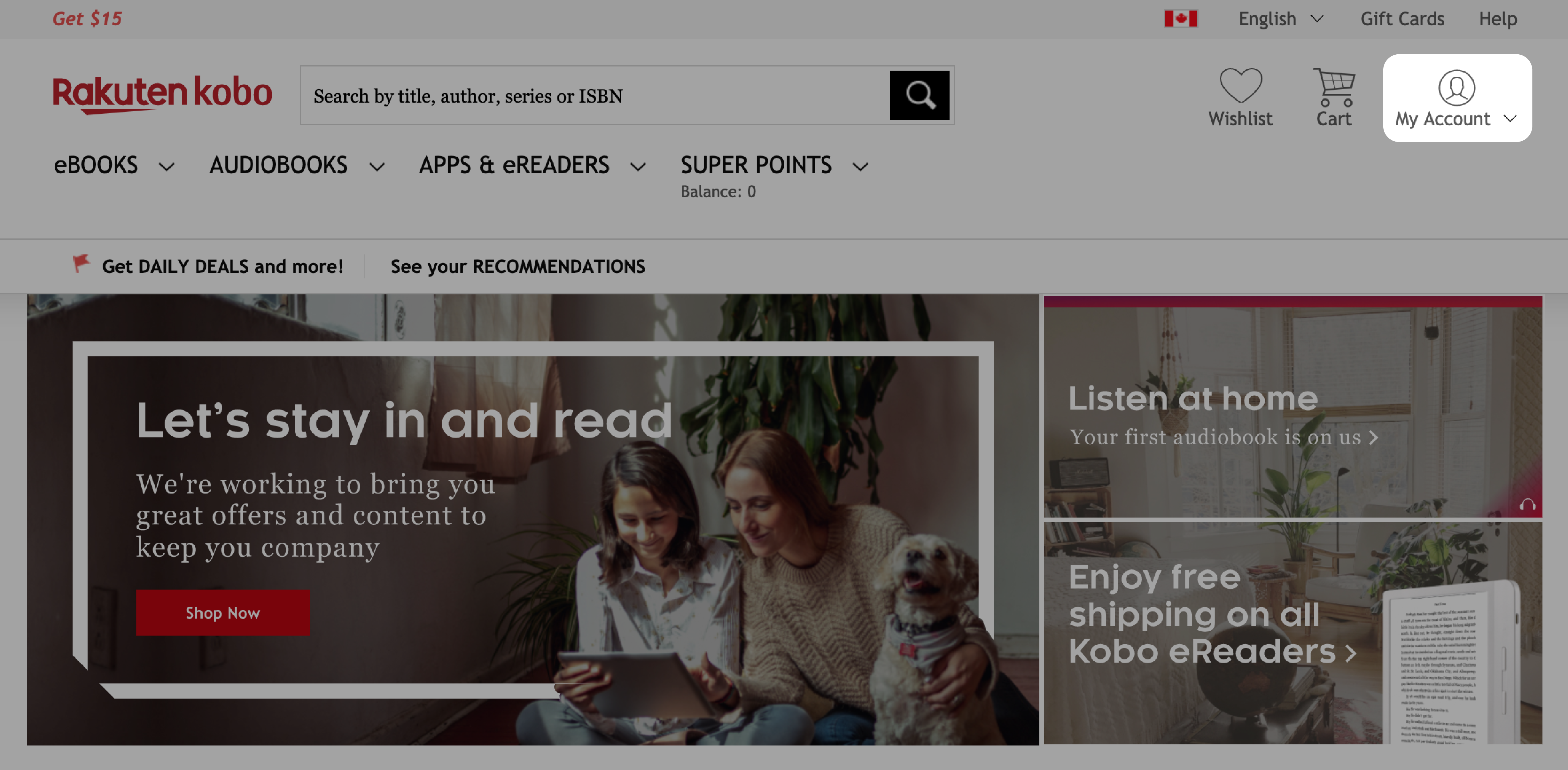 Kobo.com home page with the My Account icon highlighted.
