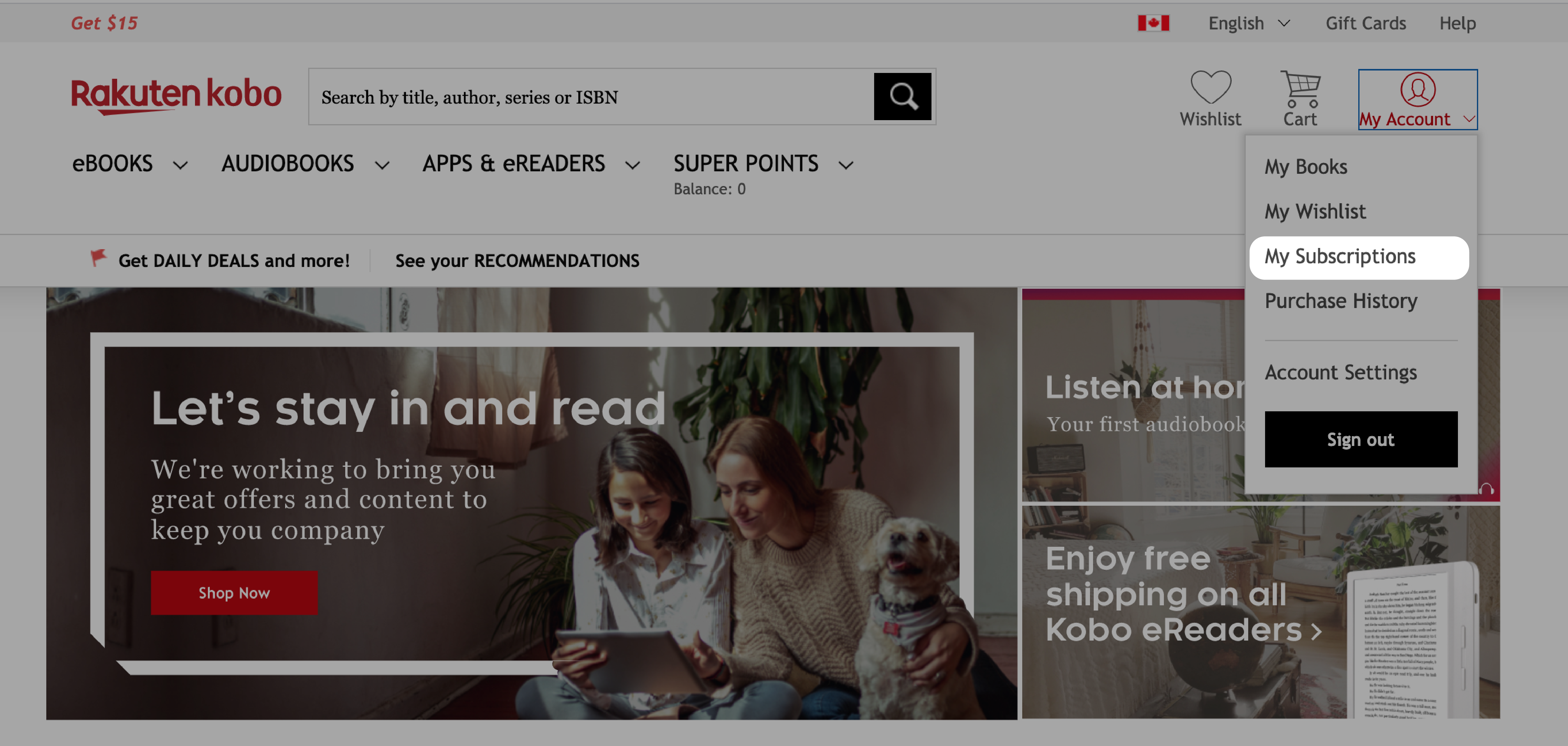 Kobo.com Home screen with the My Subscriptions button highlighted.