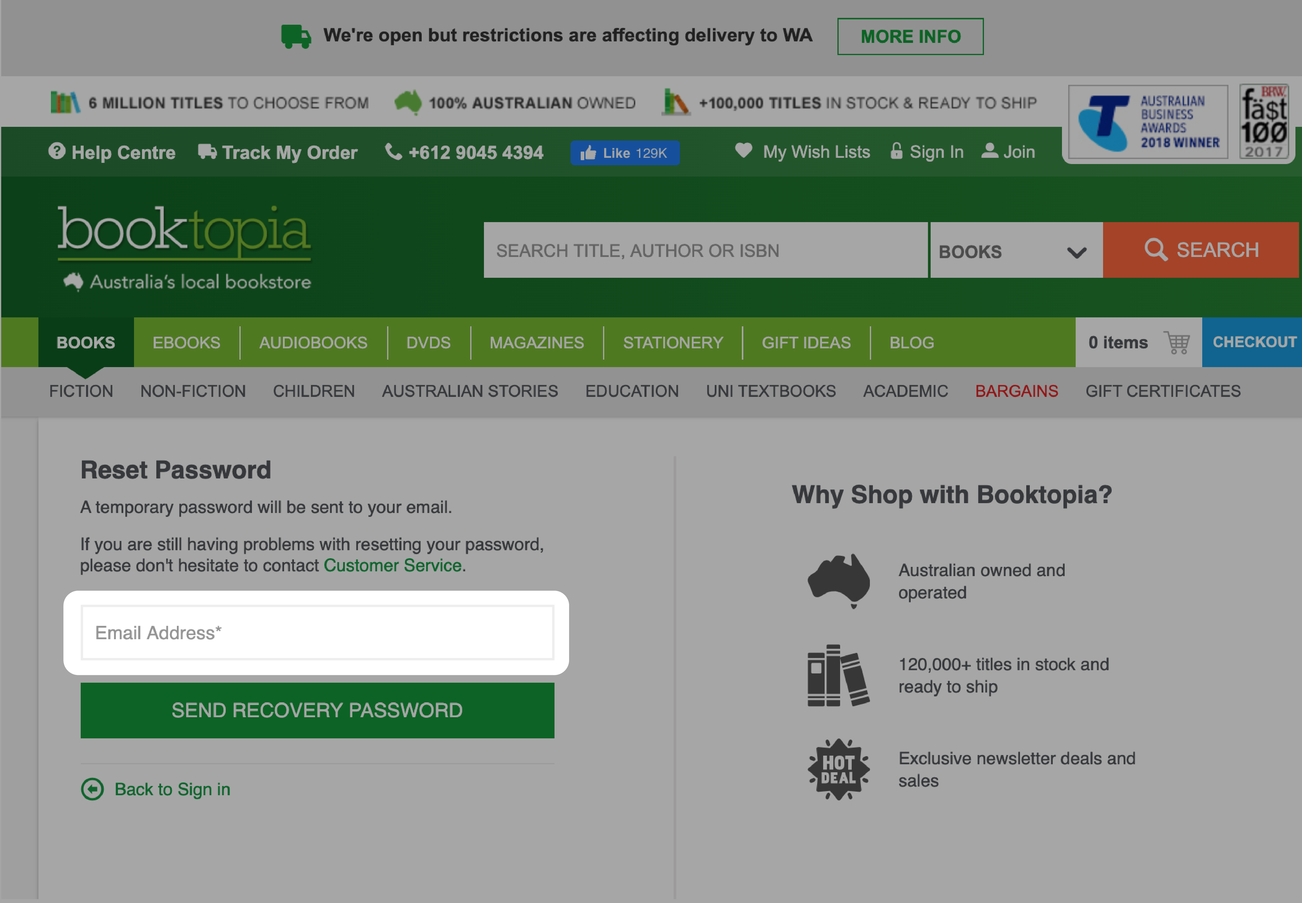 Booktopia home page with the Email address field highlighted.