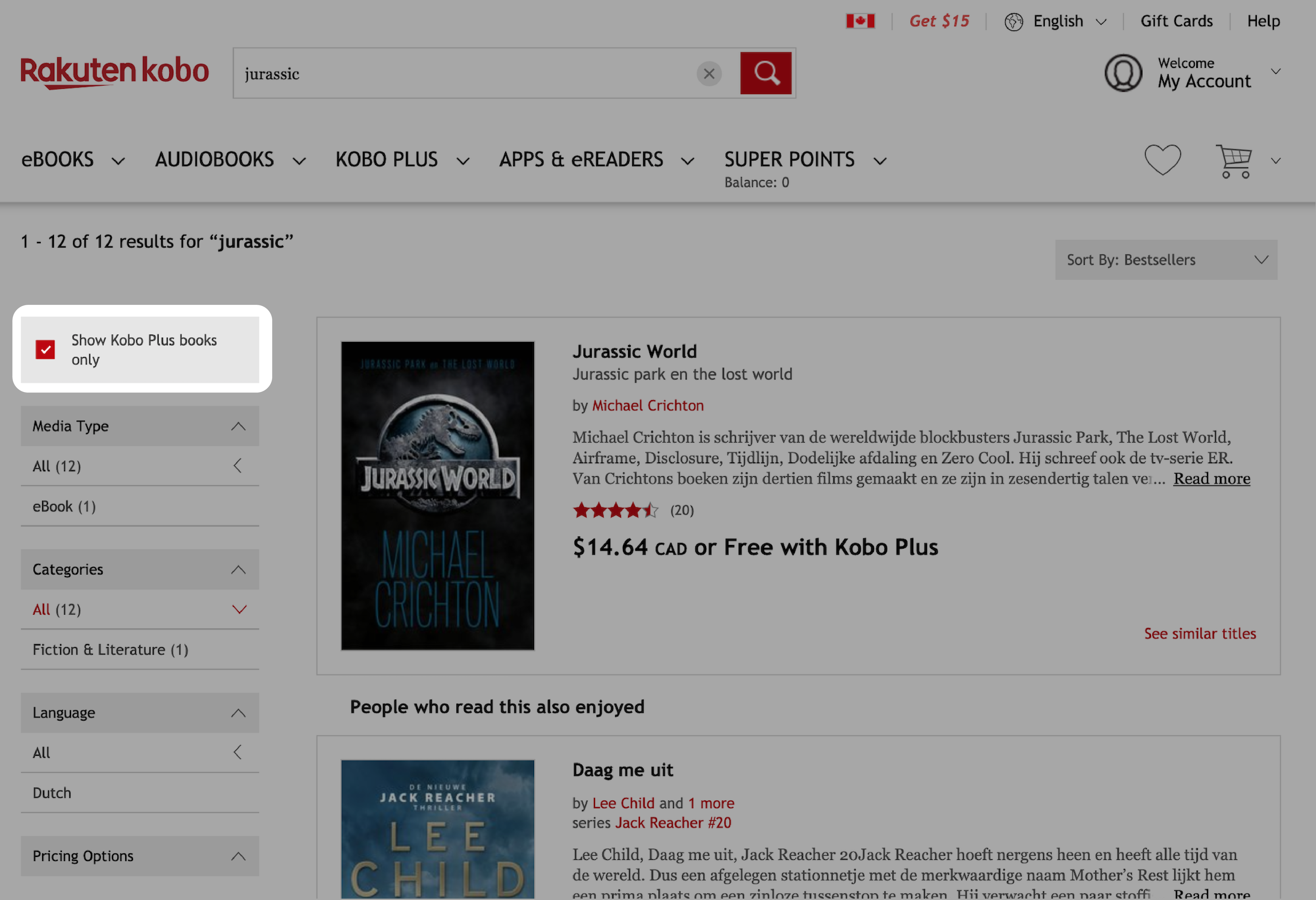 Sökresultat på Kobo.com med alternativet Visa endast Kobo Plus-böcker markerat.