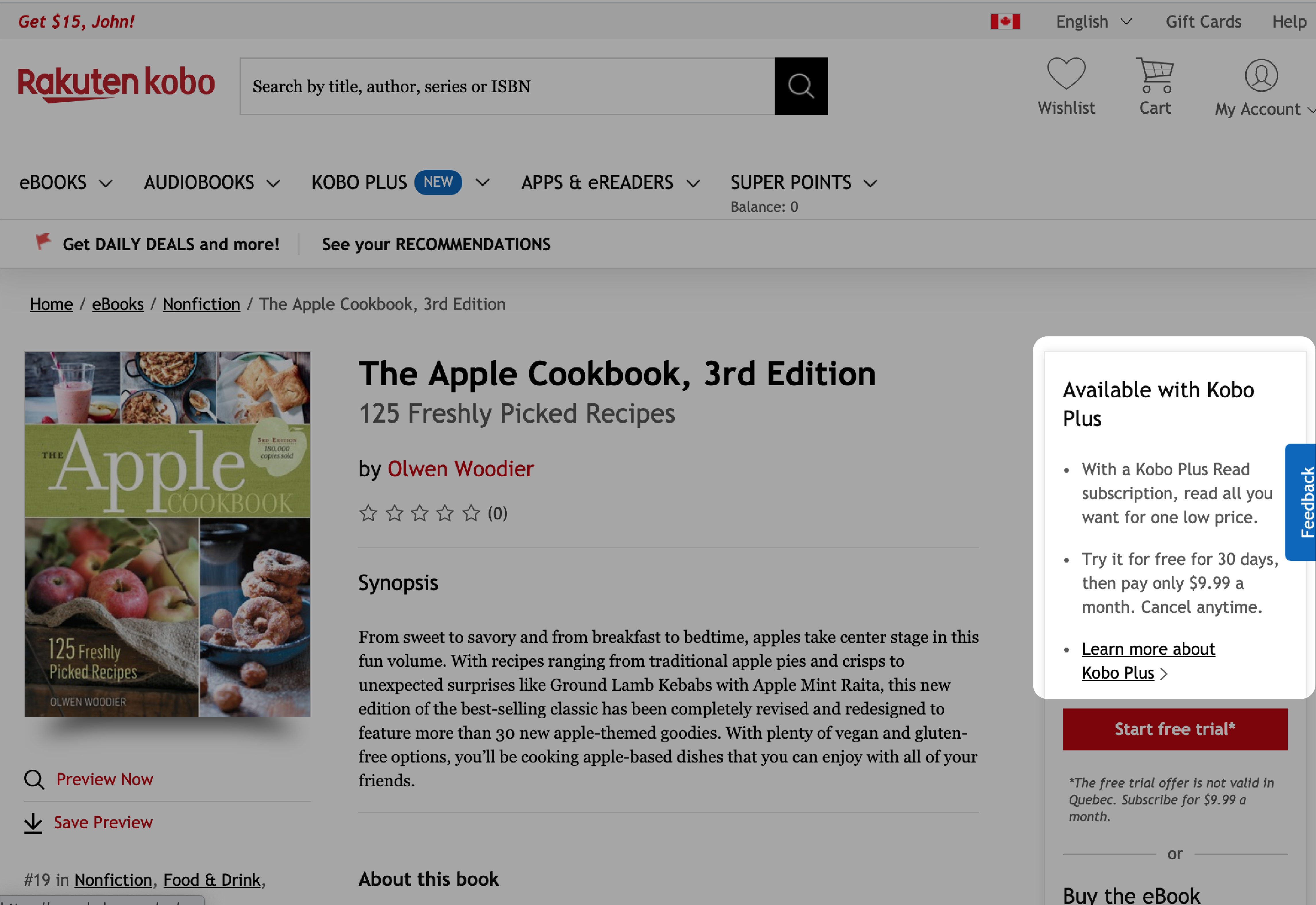 Kobo.com-søgeresultater med indstillingen Tilgængelig med Kobo plus fremhævet.