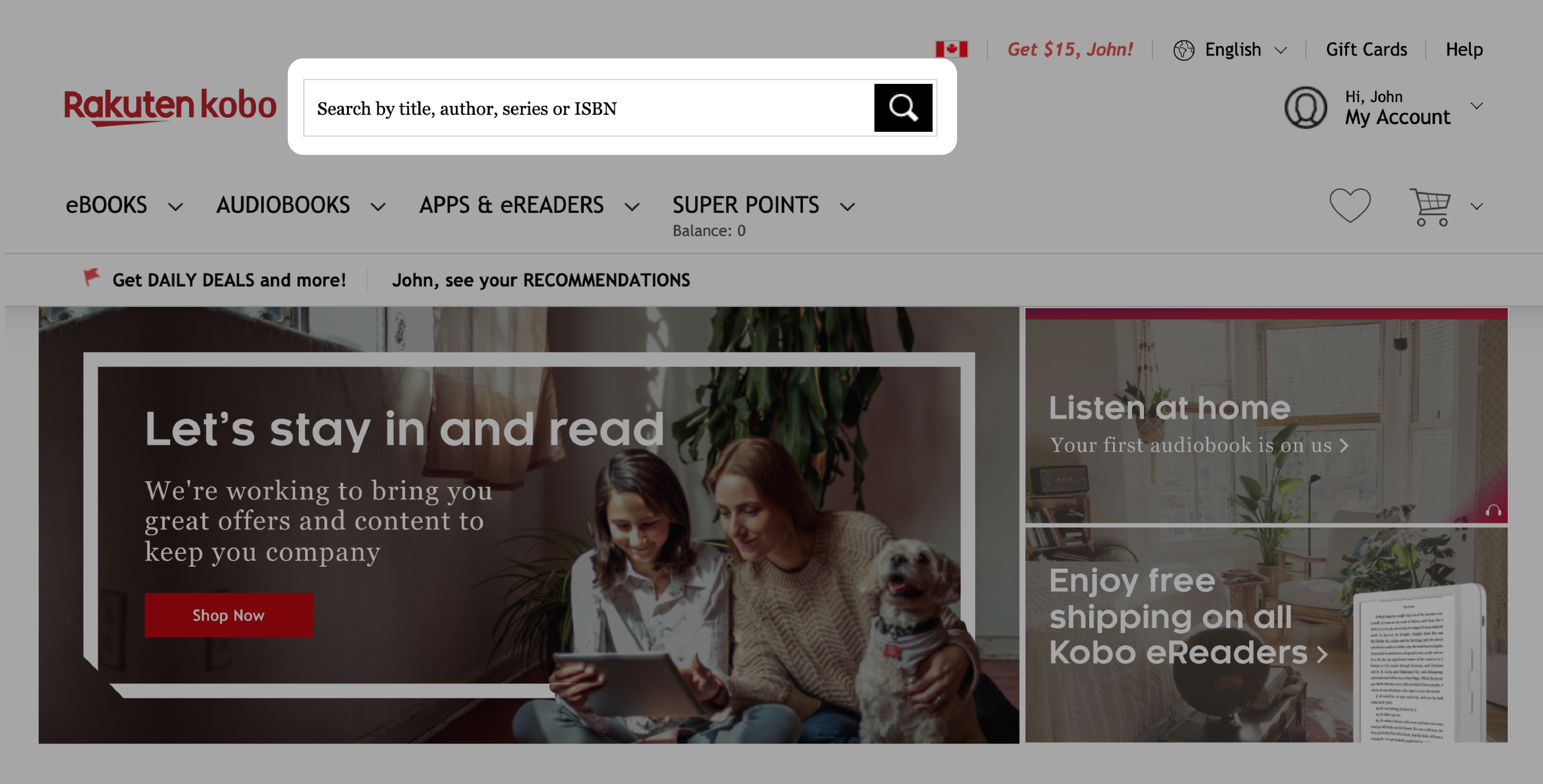 Kobo.com sin startside med søkefeltet uthevet.