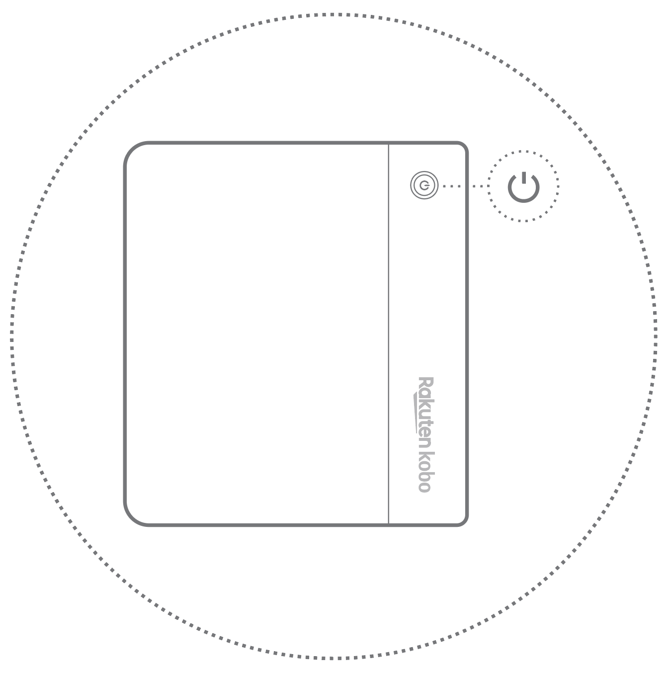 Kobo e-læserillustration med afbryderknappen fremhævet.