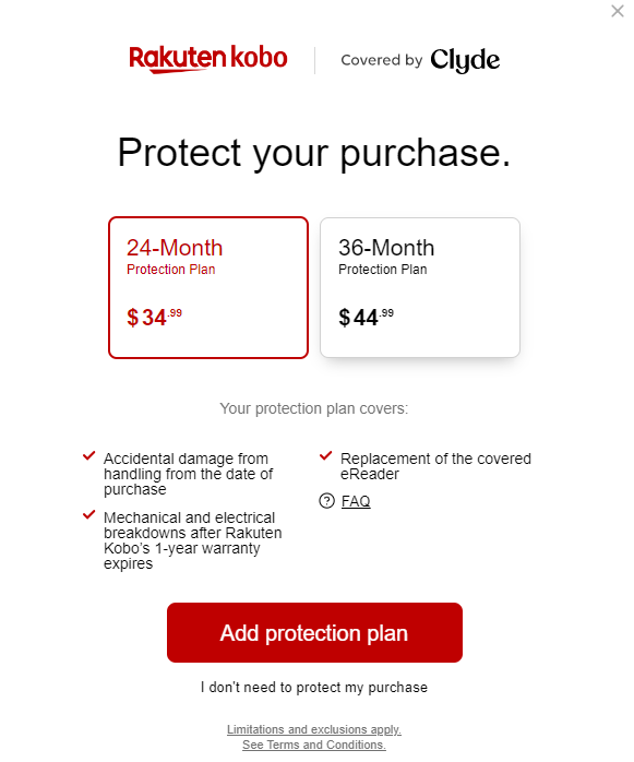 Protect your Purchase screen with protection plan options highlighted.