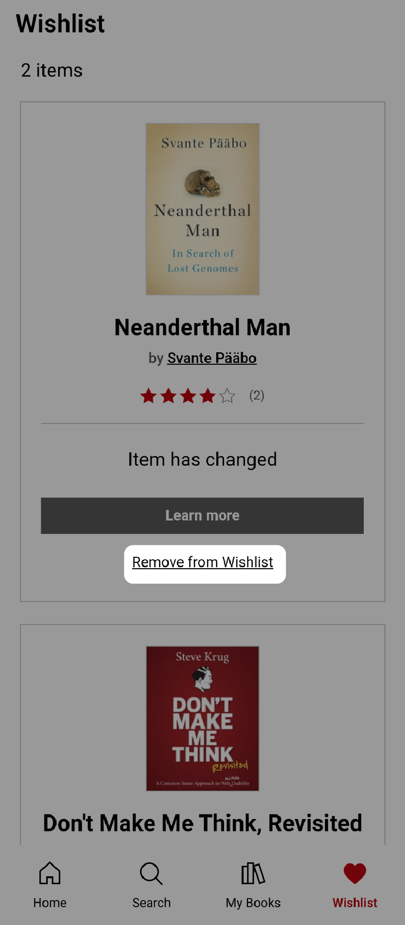 Kobo Books-appen med knappen Fjern fra ønskeliste fremhævet.